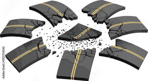 Broken Asphalt Road Pieces Scattered Around Central Fragment With Yellow Lines cracked shattered