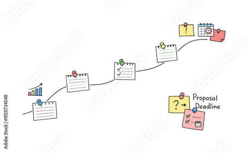 Milestone roadmap path, notebook strips as checkpoints, mini chart and calendar icons, pinned sticky notes for Proposal deadline