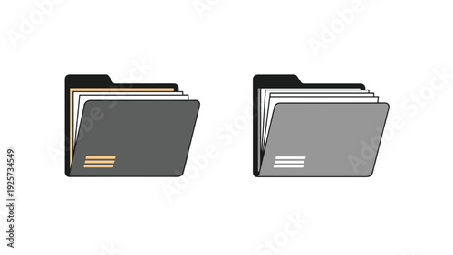 Set of two professional folder icons in dark and light grey shades contains various paper documents for business and office organization.