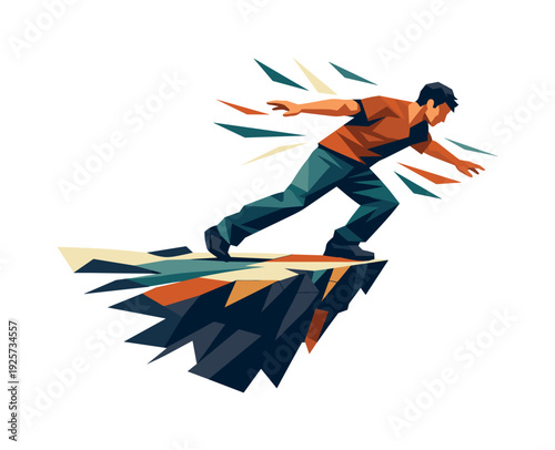 Low-poly vector illustration of a cliff edge balance escalation moment, figure shifting weight dynamically with arms extended for