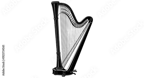 Elegant black and white illustration of a large concert harp on a white background
