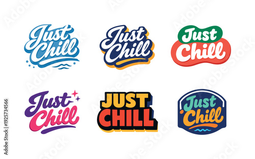 Modern holiday banner with short greeting slogan featuring modern lettering logo set for Just Chill, stock-ready relaxed wordmark