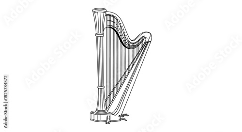 Line art illustration of a classical concert harp side view