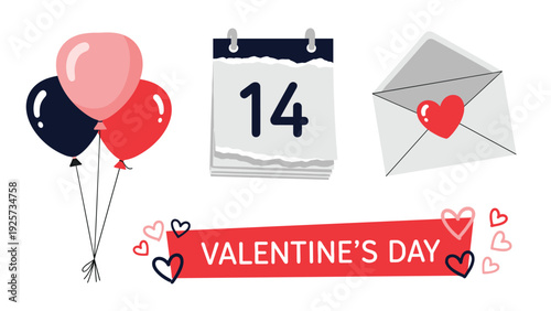 Valentines Day illustration set includes colorful balloons, a calendar for February 14, a heart envelope, and a festive holiday banner.