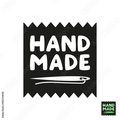 Handmade tag with a needle. Black silhouette. Front view. Vector simple flat graphic illustration, hand drawn. Isolated on white background.
