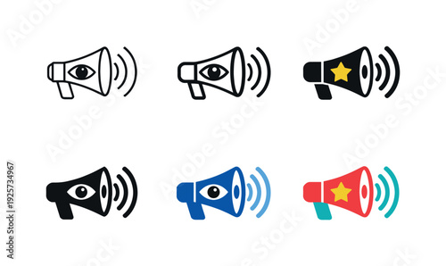 Collection of megaphone icons with an eye symbol representing surveillance or announcement