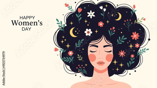 Elegant Happy Womens Day illustration shows a beautiful woman with voluminous hair adorned with flowers, leaves, stars, and moon symbols.