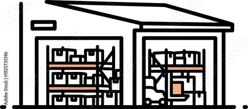 Simple line art icon illustrating a distribution center warehouse interior showcasing storage shelves filled with inventory boxes and a forklift moving cargo efficiently for logistics planning