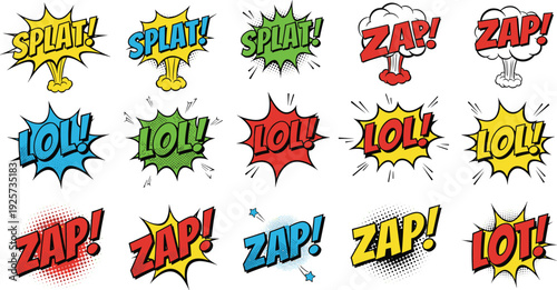 Comic Book Sound Effects Words SPLATLOLZAP Explosion Speech Bubbles splat