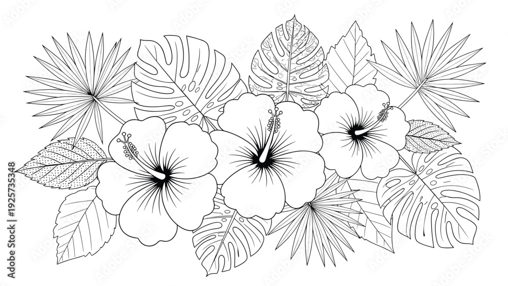 Fototapeta premium Elegant tropical floral outline illustration depicts three large hibiscus flowers surrounded by a variety of palm and monstera leaf foliage.