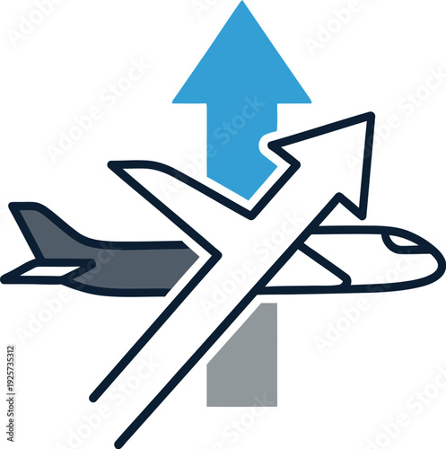 Simple stylized icon representing airplane take off or upward travel trajectory indicated by prominent blue and white directional arrows symbolizing ascent and progress in aviation services.