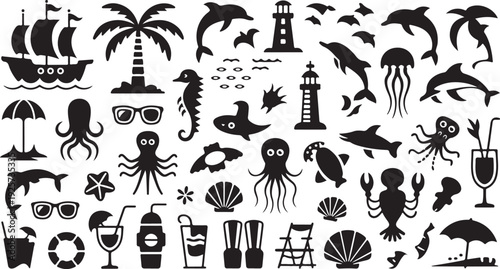 Black and white of sea creatures, beach and tropical dolphins octopus