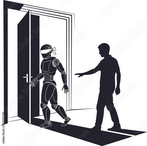A futuristic humanoid robot entering a room