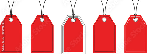 Five Red Blank Price Tags Hanging with String on White Background label