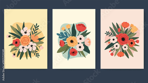 Set of three beautiful floral bouquets features stylized flower arrangements in vibrant colors on soft yellow, cream, and pink backgrounds.