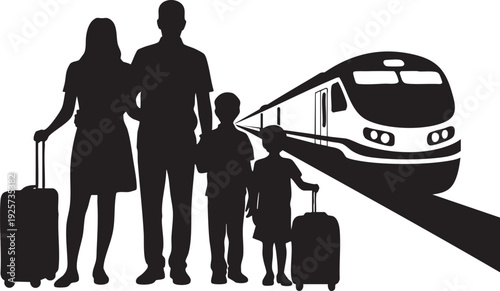 Family with luggage on train platform travel vacation journey silhouette family trip holiday departure