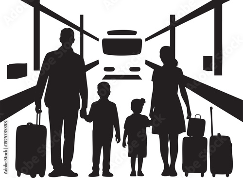 Family with luggage at train station waiting for journey travel vacation silhouette family trip journey