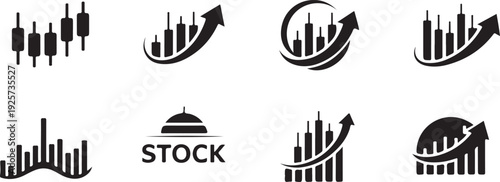 Black and white stock market with upward arrows and bar charts