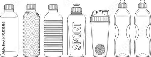 Outline Drawings Of Various Sport Water Bottles And Shaker beverage container
