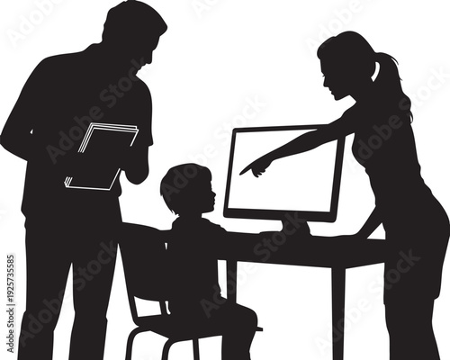 Family teaching child computer skills, man holds documents, woman points, education concept, digital learning