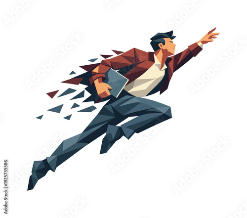 Low-poly vector illustration of a startup founder accelerating into a pitch leap, dynamic diagonal composition with angular limbs