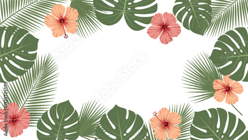 Tropical frame border features lush monstera and palm leaves accented with vibrant pink and orange hibiscus flowers on a white background.