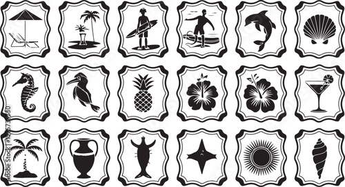 Black and white tropical and beach-themed in decorative frames