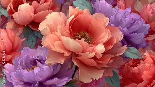 Colorful peony flowers in full bloom with lush green leaves