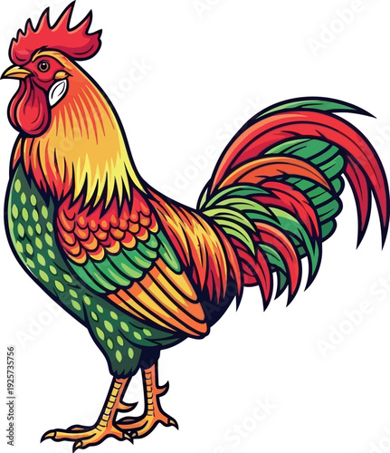 Stylized illustration of a vibrant and colorful rooster featuring detailed feather patterns and bright red comb isolated on a clean white background for graphic design projects.