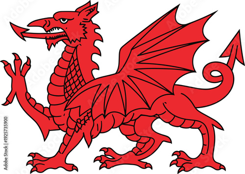 Red Dragon Symbol With Black Outline And Wings Spread On White Background mythical creature fantasy