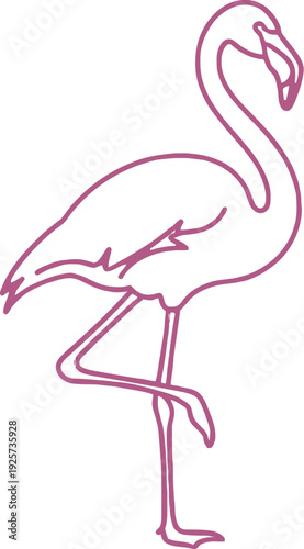 Striking minimalist line art drawing depicts a vibrant pink flamingo standing gracefully on one leg against a solid bright cyan background providing simple tropical style.