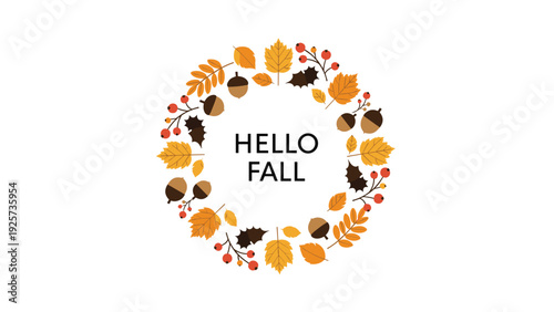 Elegant Hello Fall wreath is composed of various autumn leaves, acorns, and berries arranged in a circular frame around a white center.