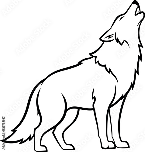 Minimalist black and white outline illustration depicting a solitary wild wolf standing proudly while howling upward toward an unseen moon against a clean white background canvas.