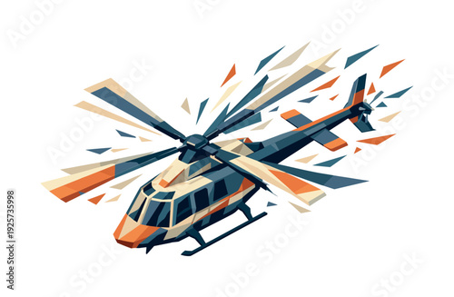 Low-poly vector illustration of a helicopter accelerating into rotor burst, dynamic top-down diagonal composition with rotor