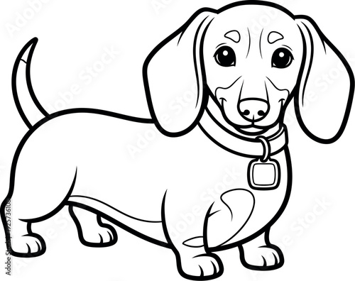 Adorable cartoon dachshund coloring page outline featuring a friendly dog wearing a collar and tag ready for children to color in this simple illustration.