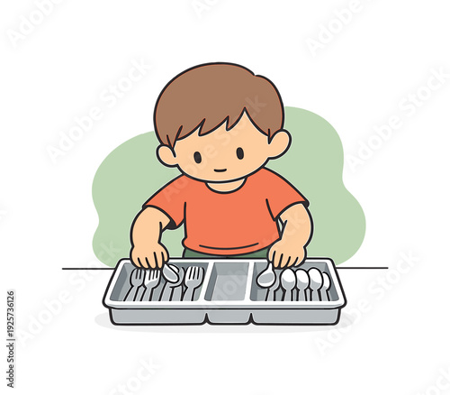 Cute cartoon boy sorting silverware into a kitchen drawer organizer tray