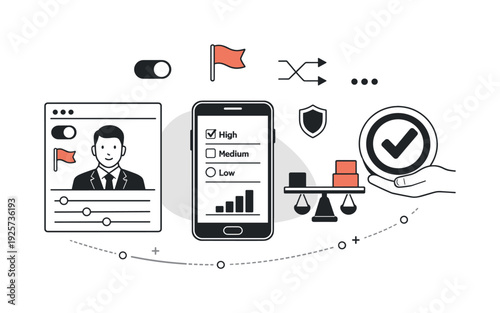 Modern minimal flat vector conceptual collage, crisp hard edges, consistent THIN outline stroke, rounded corners where needed,