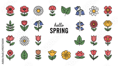 Charming Hello Spring icon set features a wide variety of small stylized flower and leaf symbols in a clean modern graphic illustration style.