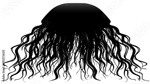 Silhouetted illustration of a dark, flowing mass with a rounded top and curly tendrils