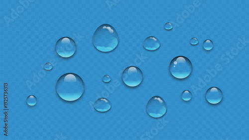 Water drops, realistic transparent rain droplets, liquid condensation vector