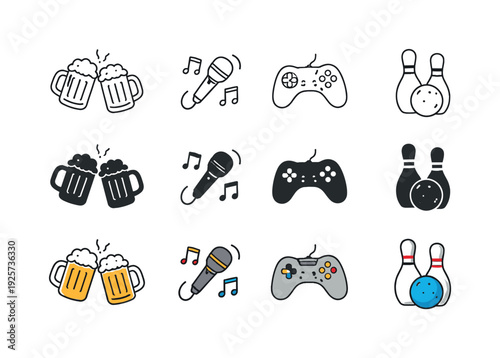 Collection of simple icons representing leisure activities like drinking, singing, gaming, and bowling