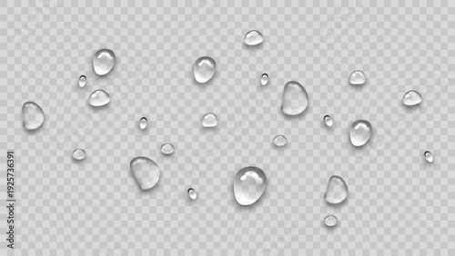 Water drops, realistic rain droplets: transparent wet surface effect, clear liquid elements vector