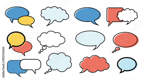 Comprehensive collection of colorful speech and thought bubbles in various shapes and sizes for communication and creative comic design projects.