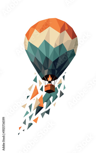 Low-poly vector illustration of a hot air balloon accelerating into lift, dynamic vertical composition with the balloon rising