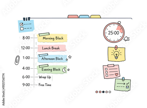 Daily schedule timeline with time blocks, timer and notebook page scraps, sticky notes and progress dots for Story notebook with
