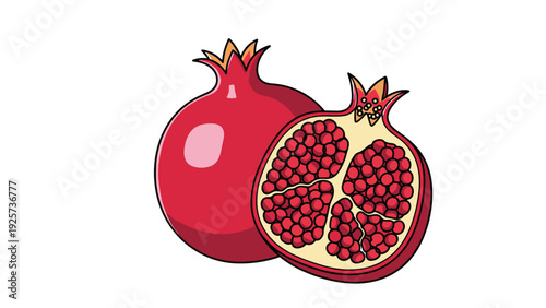 Ripe red pomegranate fruit shown both whole and halved to reveal the juicy ruby red seeds inside isolated on a clean white background.