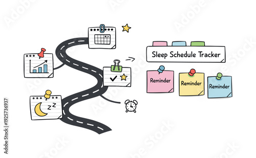 Minimalist Milestone Roadmap. Milestone roadmap path, notebook strips as checkpoints, mini chart and calendar icons, pinned sticky