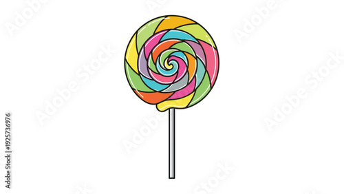 Vibrant swirl lollipop featuring a rainbow of colors on a white stick isolated against a clean white background for candy and sweet themes.