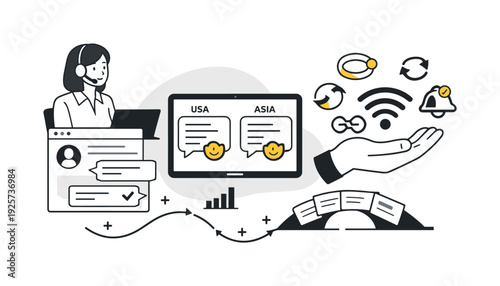 Modern minimal flat vector conceptual collage, crisp hard edges, consistent THIN outline stroke, rounded corners where needed,