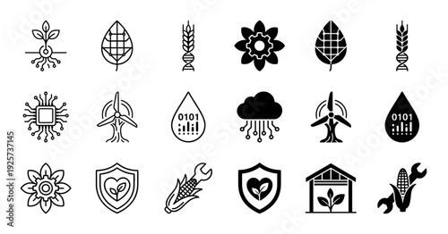 Biotechnology and smart farming icons featuring hybrid designs of organic plants merged with digital circuits dna strands and industrial machinery
